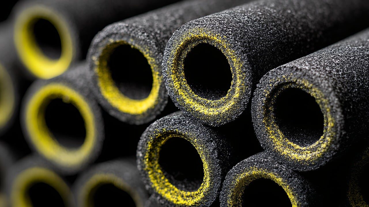 pipes, black, yellow, industrial, stack, tube, construction, material, metal, steel, round, object, pattern, texture, surface, industry, engineering, plumbing, structure, insulation, foam, cylinder, abstract, background, ai generated